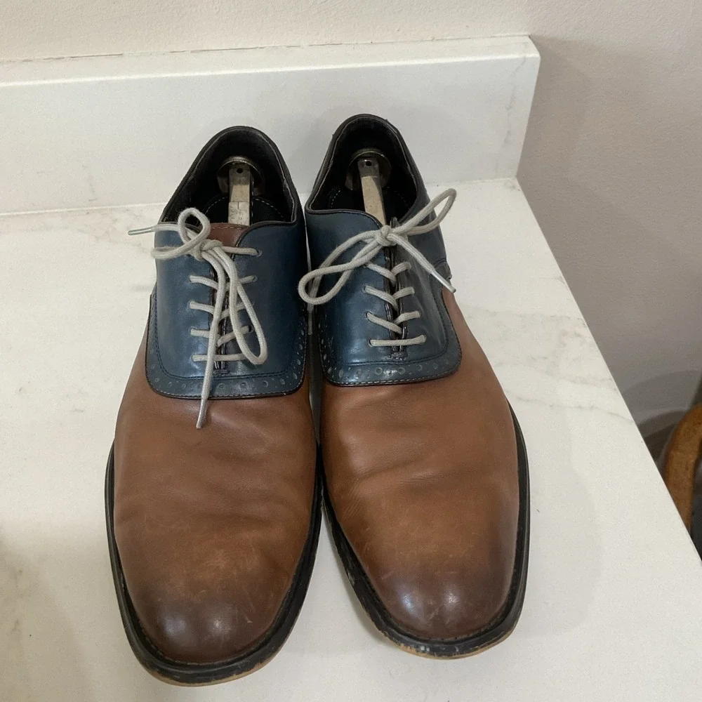 Aston Grey Mens 12 Leather Two Tone Saddle Oxford Dress Shoes Brown Navy Wingtip